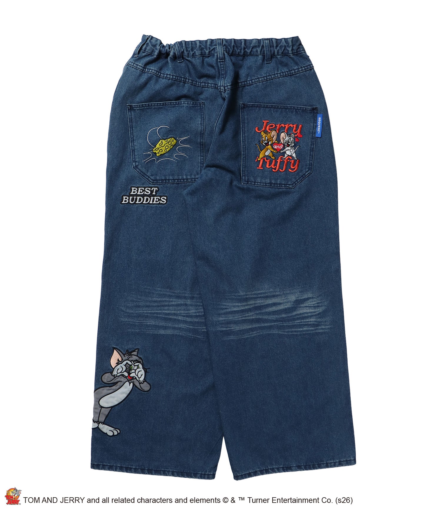 TJ JERRY AND TUFFY LOOSE DENIM / トムとジェリー デニム ワイド パンツ ボトムス 刺繍 加工 リジッド ワッペン ブルー