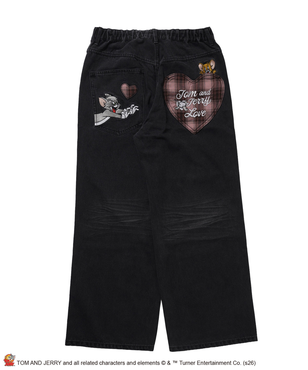 TJ PLAID DENIM PANTS / トムとジェリー チェック デニム パンツ 刺繍 加工 ブラック