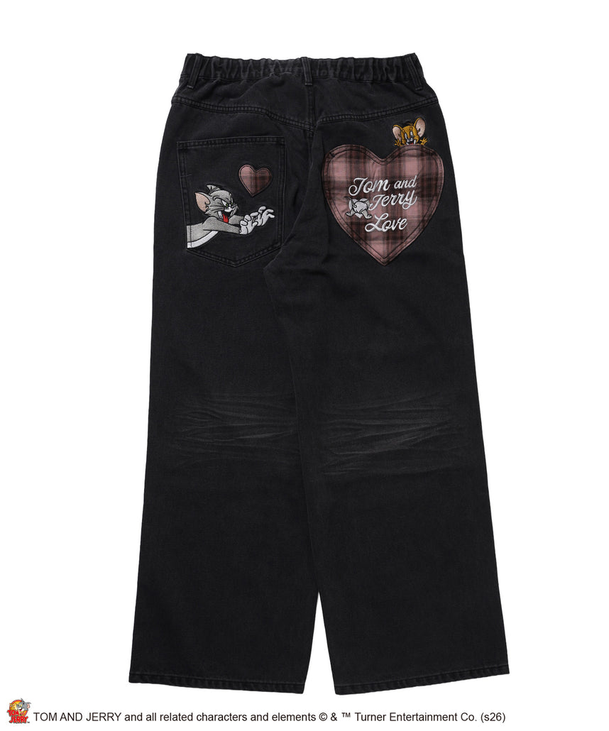 TJ PLAID DENIM PANTS / トムとジェリー チェック デニム パンツ 刺繍 加工 ブラック