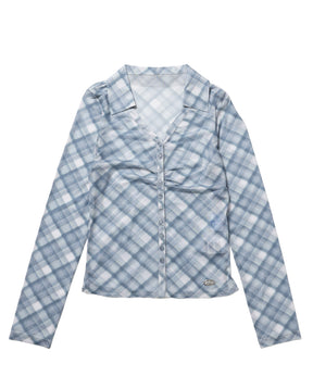≪予約商品≫sqnz sheer gather l/s shirts / 長袖 シャツ チェック シアー ギャザー メタルプレート サックスブルー
