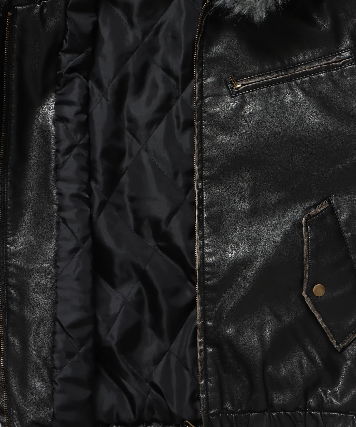 FUR PU HOODIE JKT / フェイクレザー ジャケット ファー 中綿 ダブルジップ フーディ ブラック