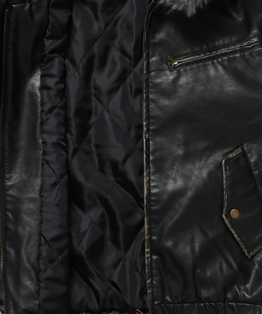 FUR PU HOODIE JKT / フェイクレザー ジャケット ファー 中綿 ダブルジップ フーディ ブラック