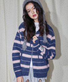 SHAGGY BORDER HOODIE ZIP / ボーダー ニット パーカー ジップ ダブルジップ フーディ ライトピンク