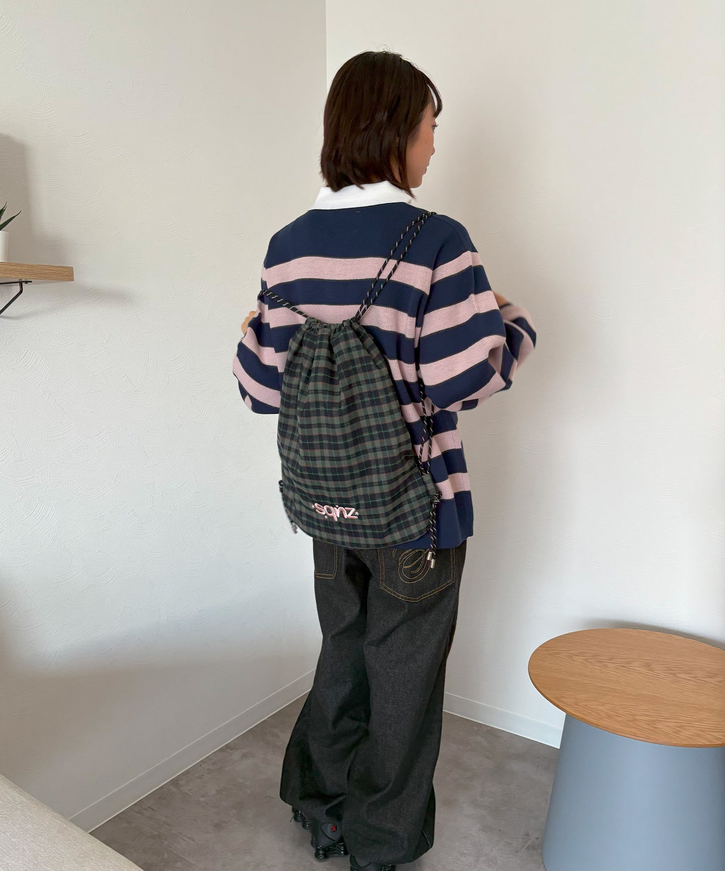 sqnz dairy 2way knapsack / ナップサック バック 2WAY ブランドロゴ チェック ストライプ ダークグリーン