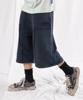 WASHED DOUBLE KNEE SHORTS PANTS / 裏毛 パンツ 半ズボン ショーツ ダブルニー 刺繍 ブラック