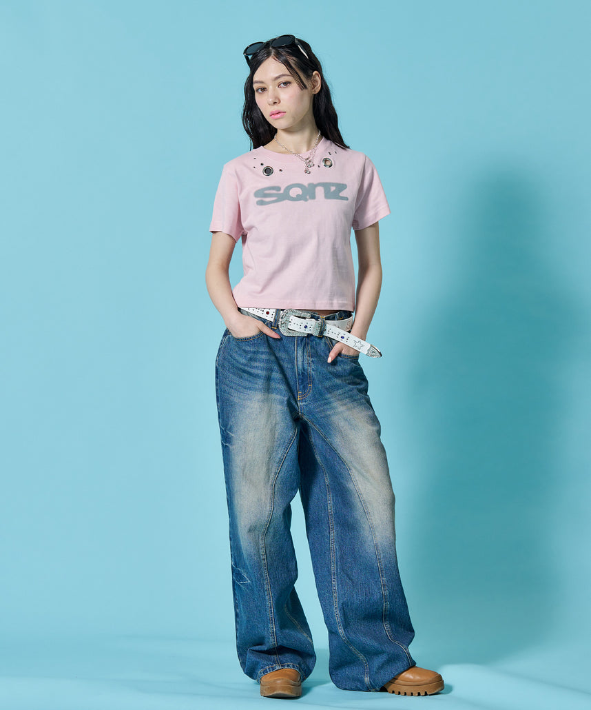 WEB限定 / ぼかしロゴ半袖ピチT / sqnz eyelet babe tee ライトピンク