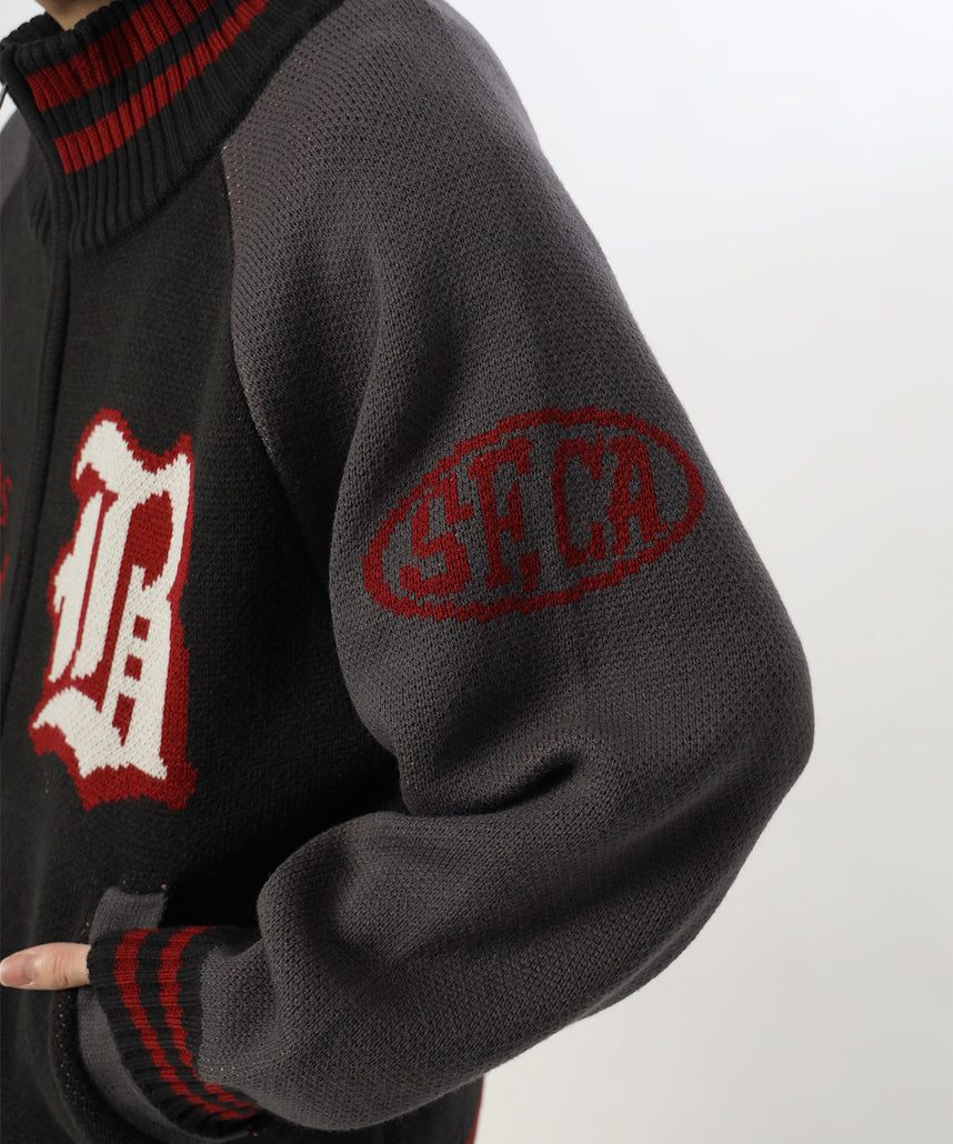 BALLPARK KNIT JACKET / ニット ジャケット ジャケード 刺繍 スタジャン スタジアムジャンパー ユニセックス 秋冬 ブラック