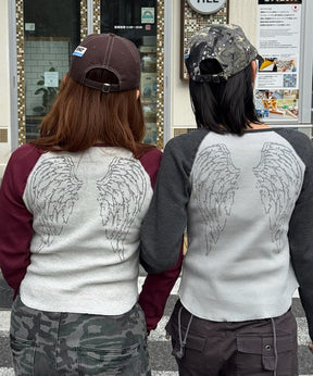 sqnz angel thermal / ロンT クルーネック ラグラン サーマル ワッフル 長袖 プリント ワイン