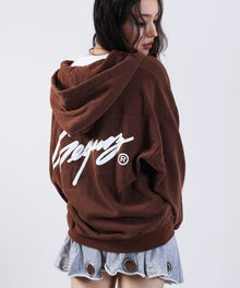 WORK AGING ZIP P/K / 古着風 シンプル ロゴ ワンポイント フルジップ パーカー モカ