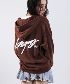 WORK AGING ZIP P/K / 古着風 シンプル ロゴ ワンポイント フルジップ パーカー モカ