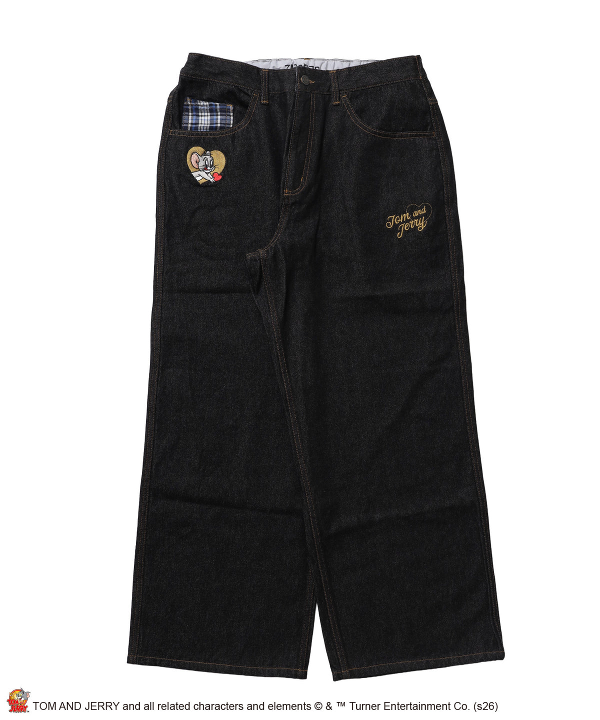 TJ PLAID DENIM PANTS / トムとジェリー チェック デニム パンツ 刺繍 加工 ブラック系その他