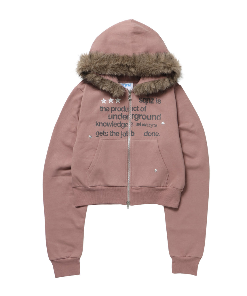 sqnz fur zip pk / レディース ファー ジップパーカー スタッズ 裏起毛 短丈 ダブルジップ ピンク