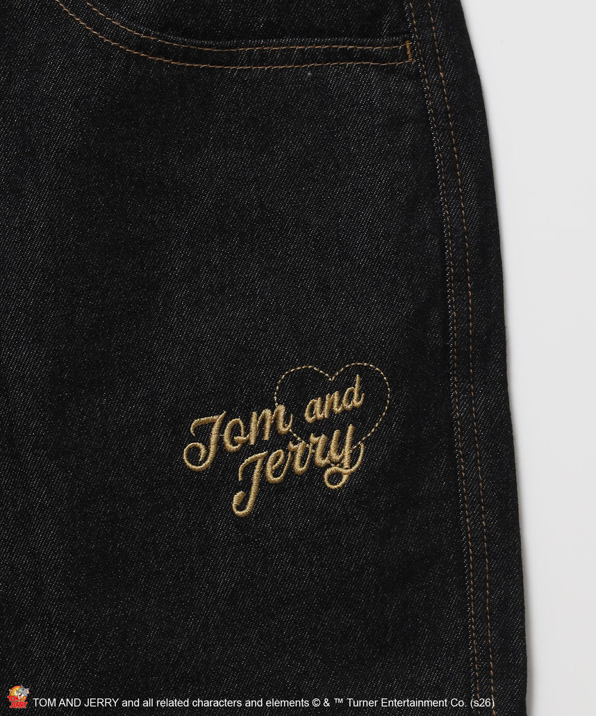 TJ PLAID DENIM PANTS / トムとジェリー チェック デニム パンツ 刺繍 加工 ブラック系その他