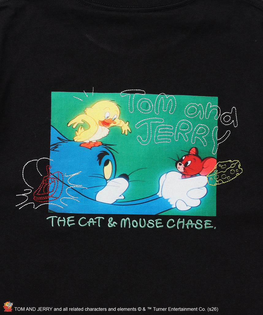 TJ PHOTO & EMB. TEE / トムとジェリー 半袖 クルーネック プリント 刺繍 ワンポイント ユニセックス オーバーサイズ レイヤード ブラック