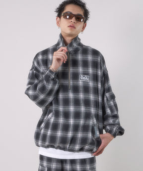 【SEQUENZ】 OMBLE MILITARY 1/3 ZIP JACKET / オンブレチェック ワンポイント ハーフジップ プルオーバー ドローコード ブラック
