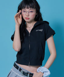 sqnz pearl short sleeve zip p/k / 半袖 ジップパーカー ダブルジップ 裏毛 フーディ プリント ブラック