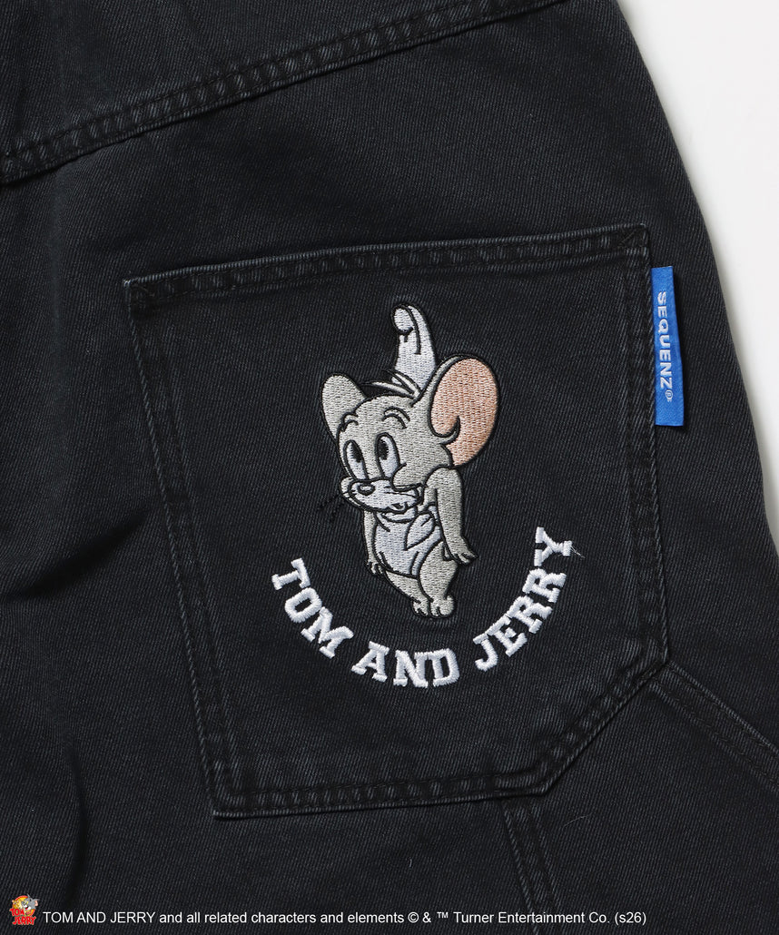 TJ STREET SHORTS DENIM / トムとジェリー ハーフパンツ ショーツ ジョーツデニム ワイド パンツ ボトムス 刺繍 加工 リジッド ワッペン ブラック