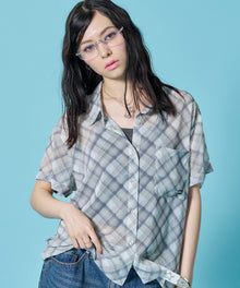 ※WEB限定 /  レディースチェック半袖シャツ / sqnz sheer check shirts グリーン
