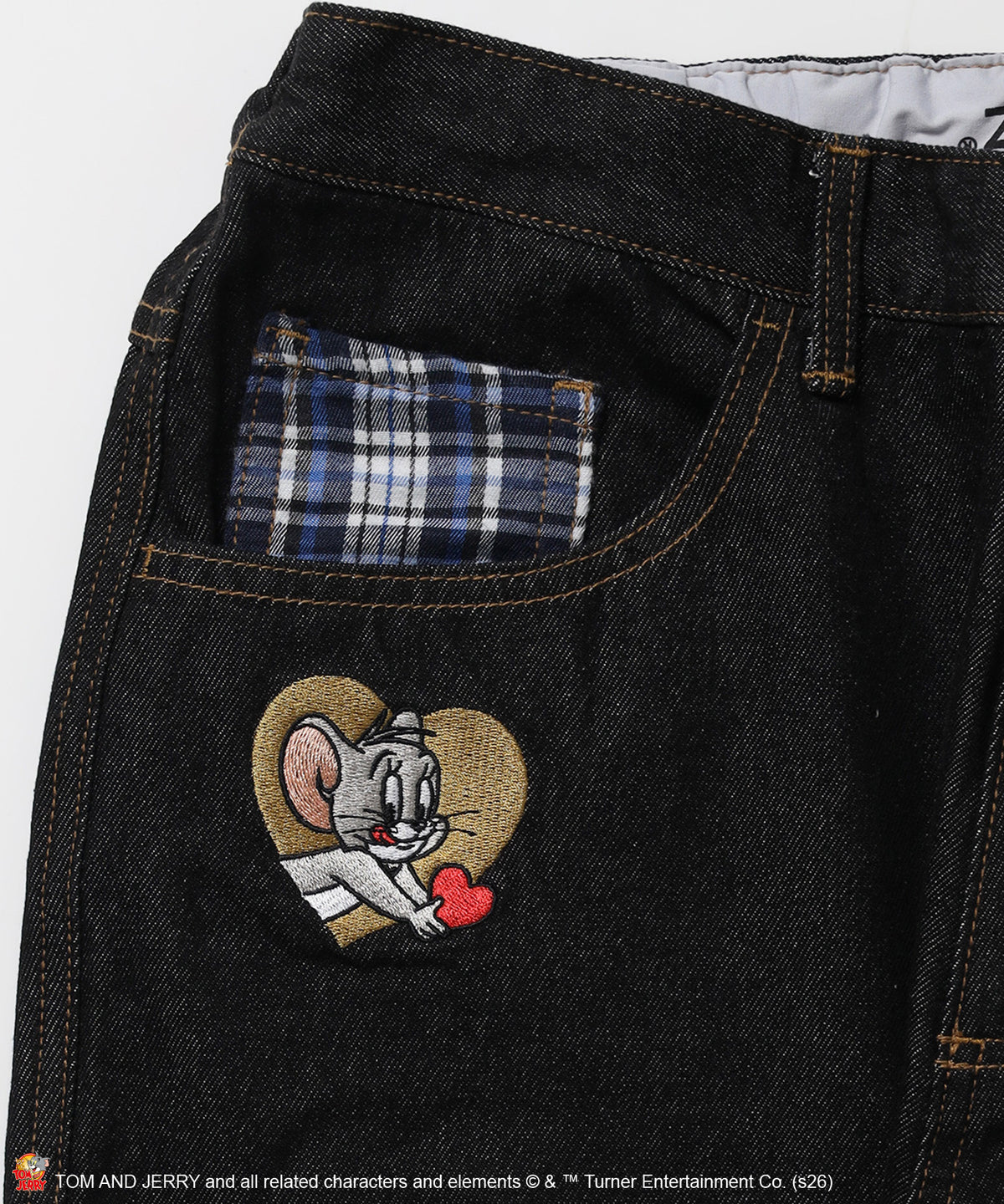 TJ PLAID DENIM PANTS / トムとジェリー チェック デニム パンツ 刺繍 加工 ブラック系その他