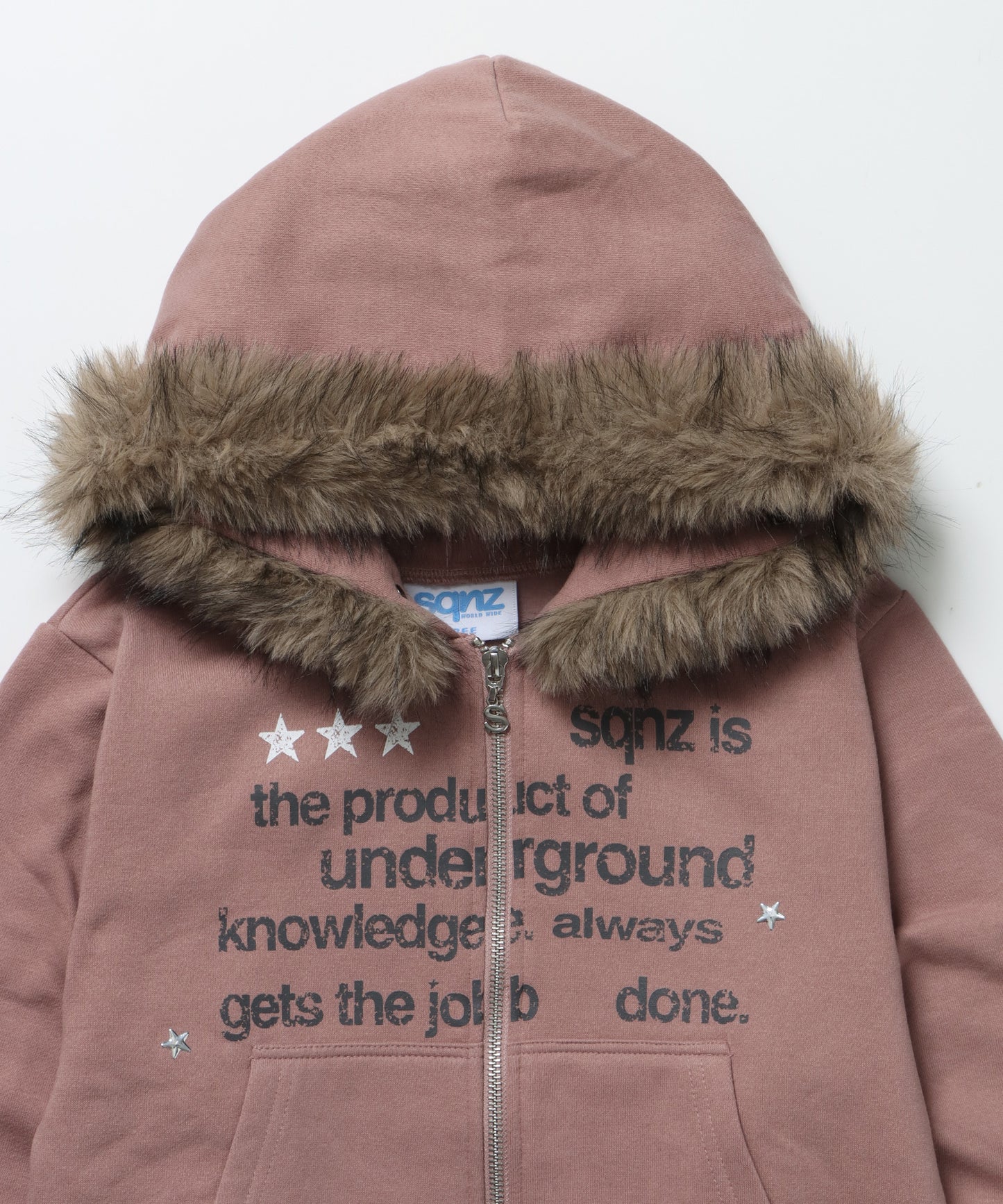 sqnz fur zip pk / レディース ファー ジップパーカー スタッズ 裏起毛 短丈 ダブルジップ ピンク