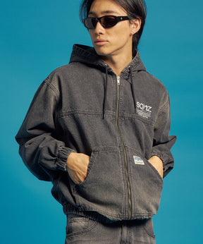 sqnz washed denim jacket / ジップパーカー フルジップ ヴィンテージライク フード オーバーダイ ブラック ≪SET UP着用可能≫