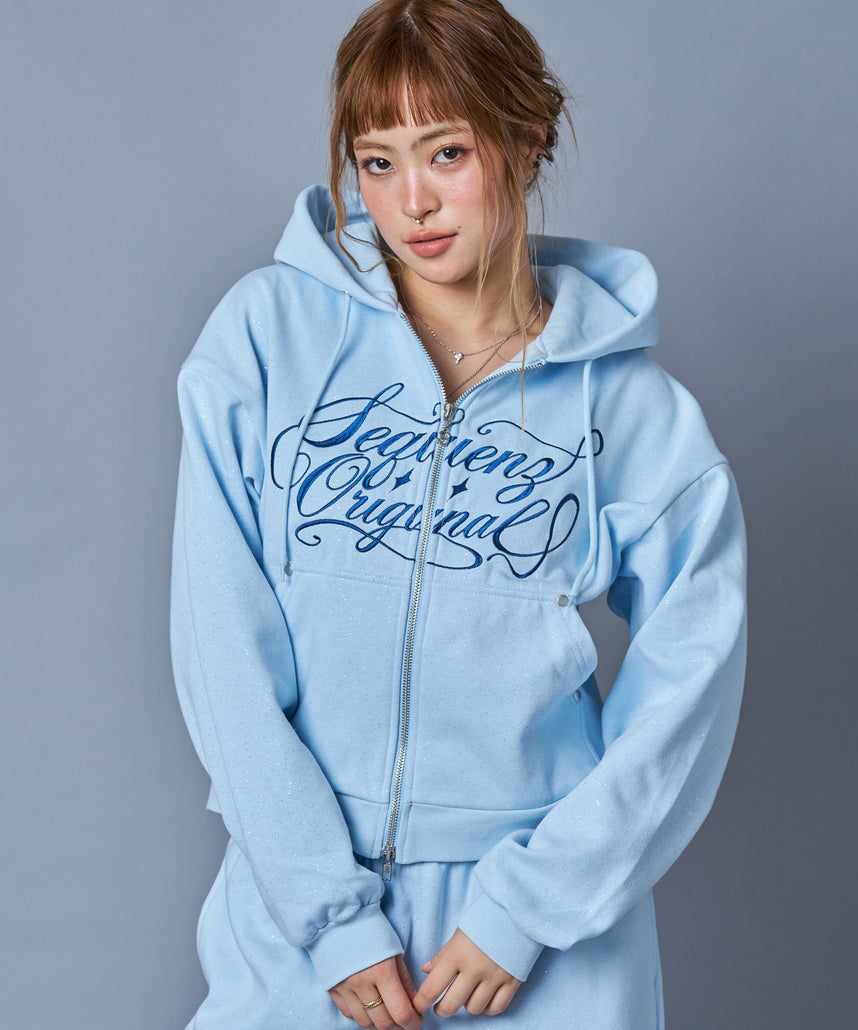 グリッター裏起毛ジップパーカー / SQNZ LOGO GLITTER ZIP P/K スカイ