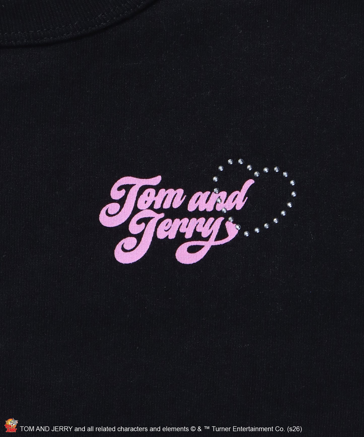 TJ HEART BABE TEE / レディース トムとジェリー Tシャツ 半袖 クルーネック プリント ラインストーン ピチT ちびT ブラック