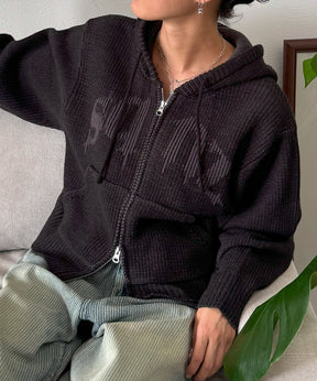 sqnz knit zip p/k / ニット ジップパーカー ダブルジップ フーディ ヴィンテージ 加工 ブラック
