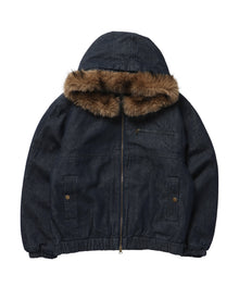 FUR DENIM HOODIE JKT / デニム ジャケット ファー 中綿 ダブルジップ フーディ ネイビー