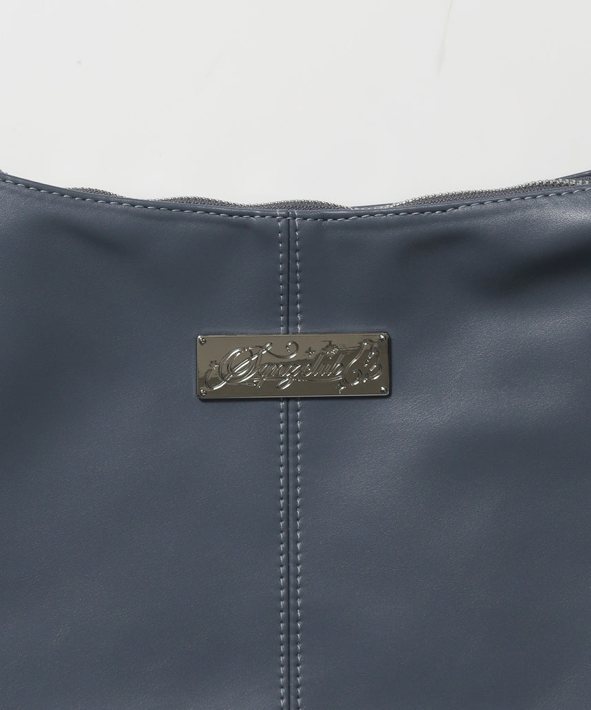 ※WEB限定 / フェイクレザー フェイクスエード メタルプレート 雑貨 バック / シャーリングショルダーバック / sqnz shirring bag チャコール