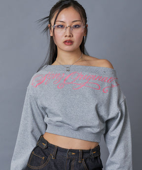 sqnz star shoulder sweat ladies / レディース ワンショルダー スタッズ 裏毛 短丈 サムホール グレー