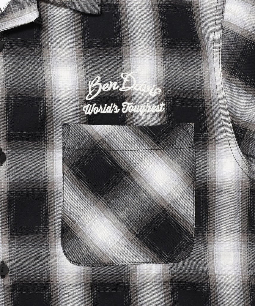DRIVE EMB PLAID O/C SHIRT / 半袖 シャツ オープンカラー ヴィンテージライク オンブレチェック ブラック