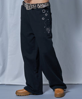 sqnz rhinestone & eyelet sweat pants / ラインストーン スウェットパンツ 裏毛 ハトメ ポケット 【セットアップ着用可能】 ブラック