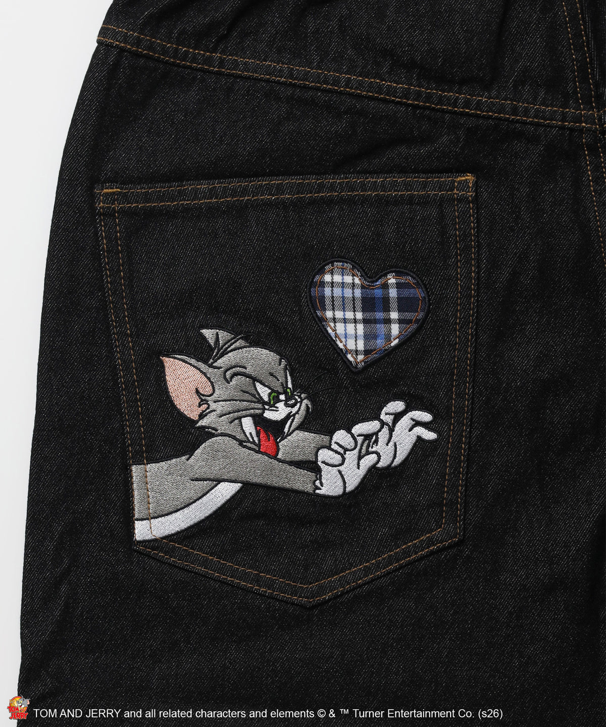 TJ PLAID DENIM PANTS / トムとジェリー チェック デニム パンツ 刺繍 加工 ブラック系その他