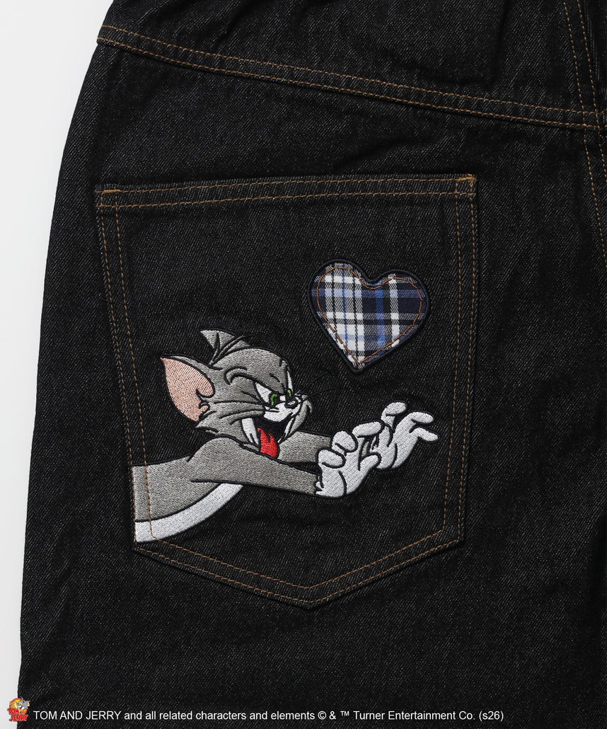TJ PLAID DENIM PANTS / トムとジェリー チェック デニム パンツ 刺繍 加工 ブラック系その他