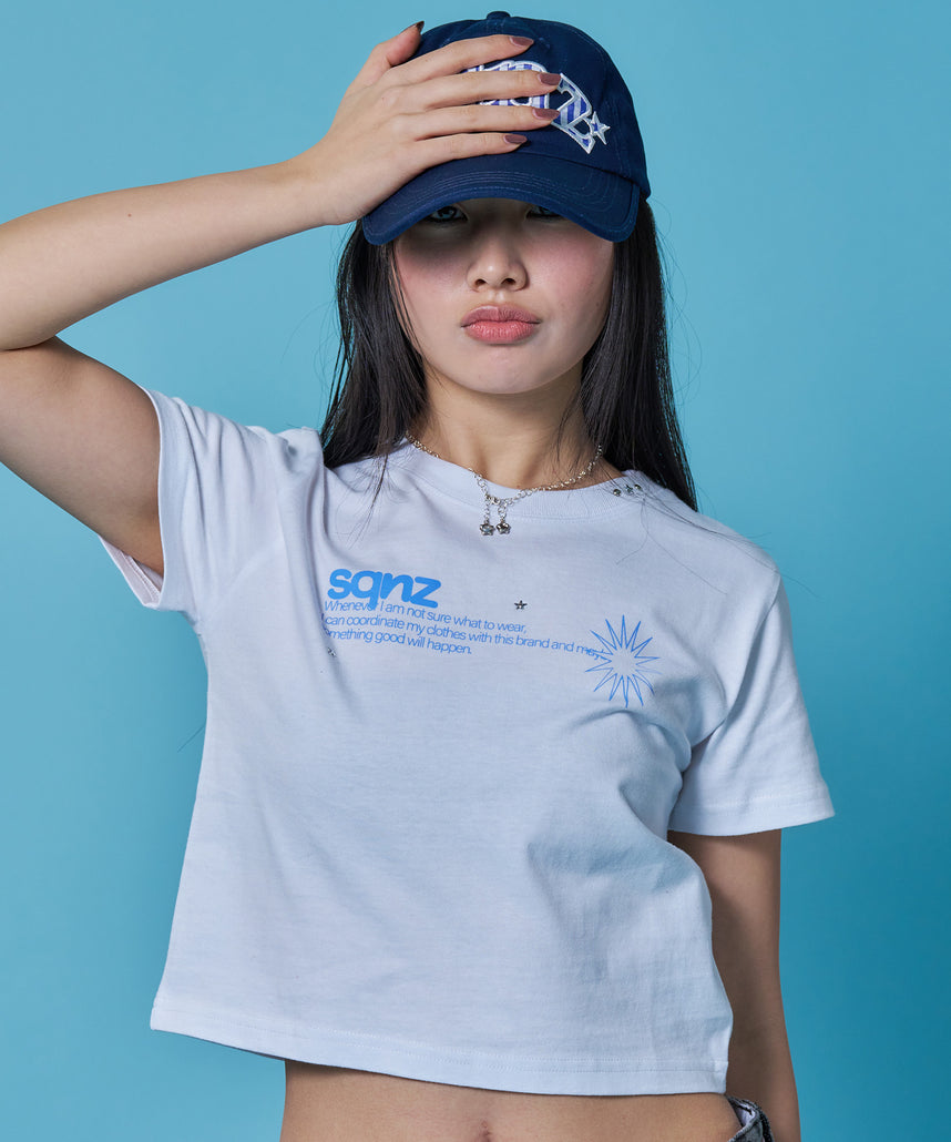 sqnz logo babe tee / 半袖 ワンポイント レディース クルーネック ピチT ちびT へそ出し ホワイト