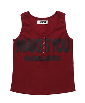 ≪予約商品≫sqnz blur logo henley tank top / レディース ヘンリーネック タンクトップ テレコ生地 プリント バーガンディー
