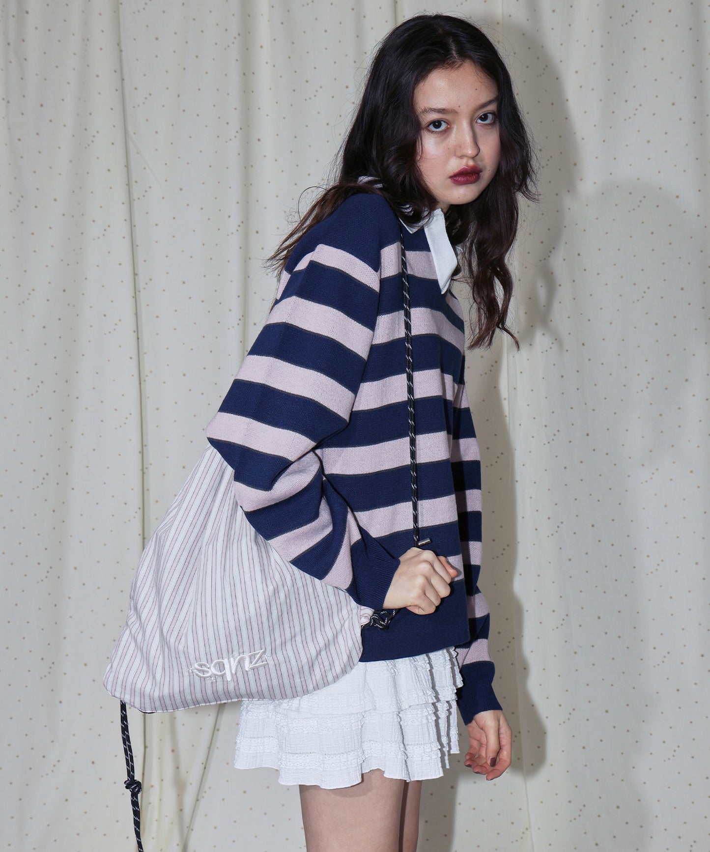 sqnz dairy 2way knapsack / ナップサック バック 2WAY ブランドロゴ チェック ストライプ ライトピンク