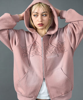 LOGO APPLIQUE ZIP HOODIE / フェード フルジップ オーバーサイズ ヴィンテージライク センターロゴ 裏起毛 ピンク ≪SET UP着用可能≫