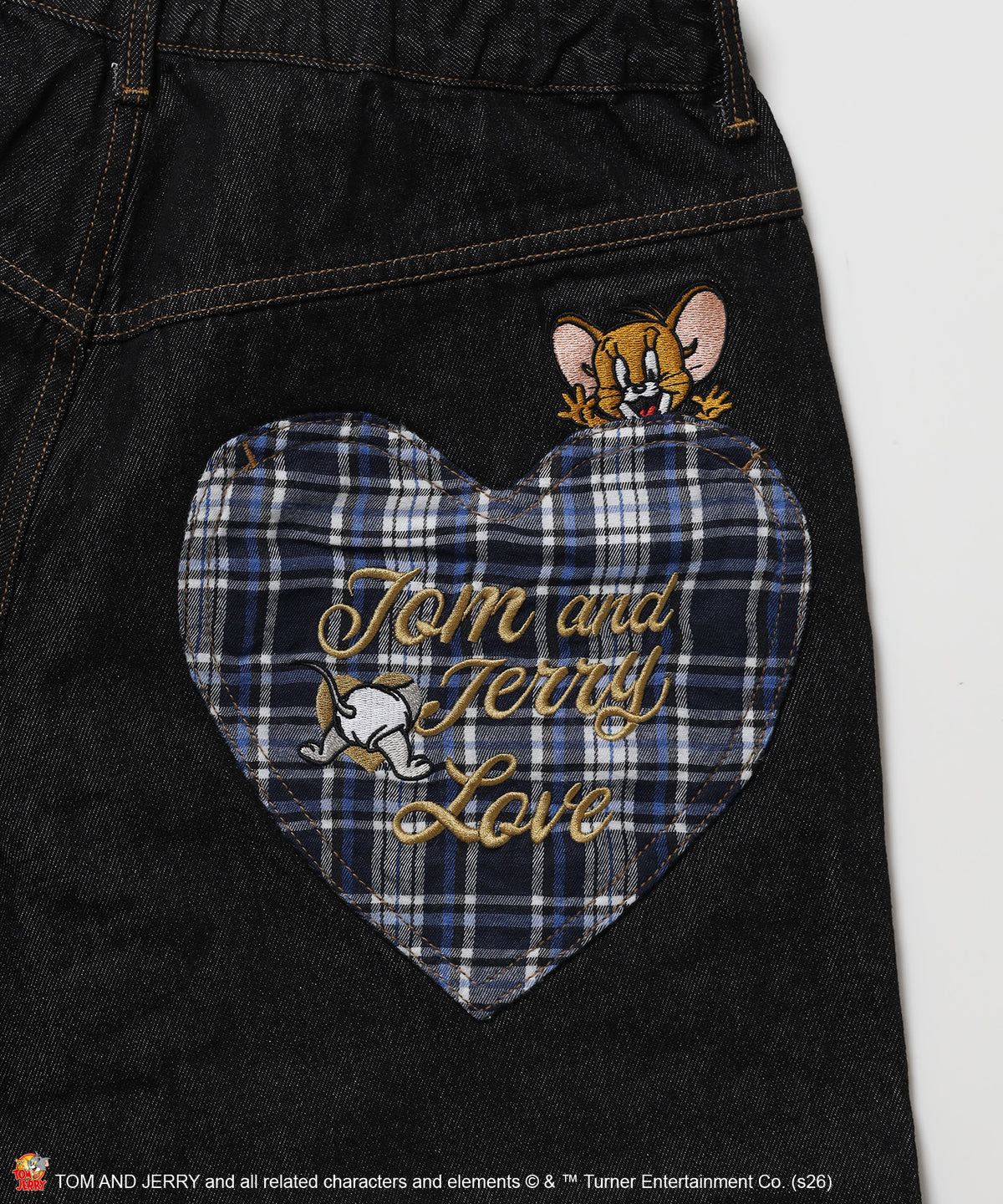 TJ PLAID DENIM PANTS / トムとジェリー チェック デニム パンツ 刺繍 加工 ブラック系その他