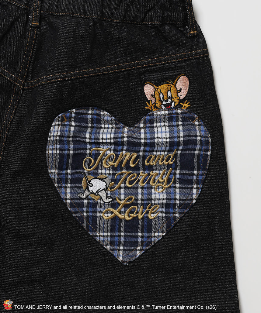 TJ PLAID DENIM PANTS / トムとジェリー チェック デニム パンツ 刺繍 加工 ブラック系その他