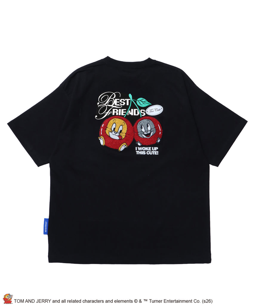 TJ CHERRY FLOCKY S/S TEE / トムとジェリー Tシャツ 半袖 クルーネック プリント 刺繍 オーバーサイズ ブラック