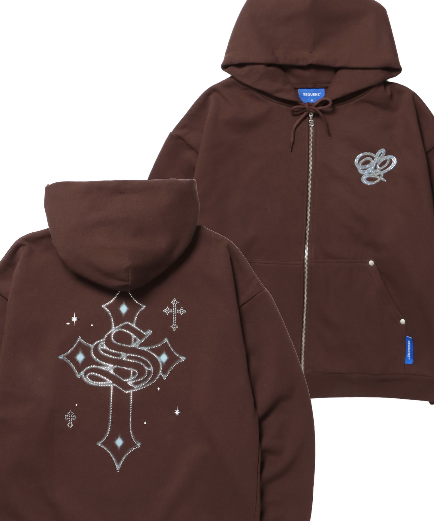 CROSS RHINE STONE ZIP P/K / パーカー ジップパーカー ラインストーン クロスデザイン 裏起毛 ダブルジップ 短丈 【セットアップ】 モカ