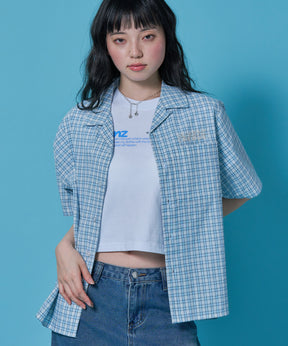 ワッペンチェックシャツ / シャツ チェック 半袖 ポケット 刺繍 ワッペン ライトブルー