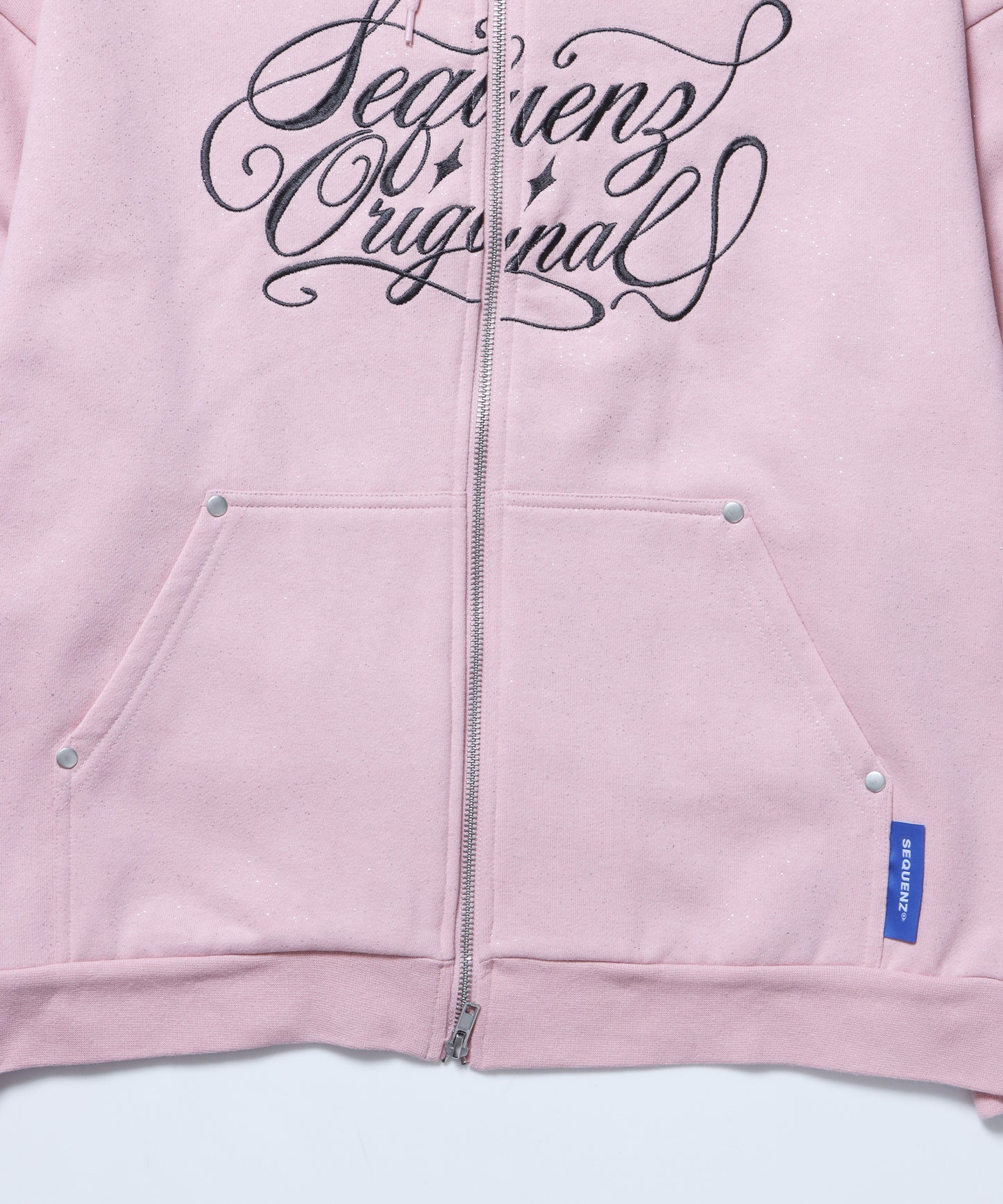 SQNZ LOGO GLITTER ZIP P/K / グリッター ジップパーカー ラメプリント ダブルジップ 裏起毛 【セットアップ着用可】 ライトピンク
