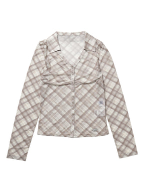 ≪予約商品≫sqnz sheer gather l/s shirts / 長袖 シャツ チェック シアー ギャザー メタルプレート モカ