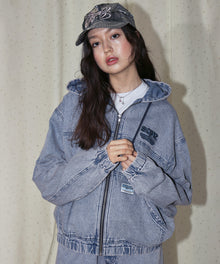 sqnz washed denim jacket / ジップパーカー フルジップ ヴィンテージライク フード オーバーダイ グレイッシュピンク ≪SET UP着用可能≫