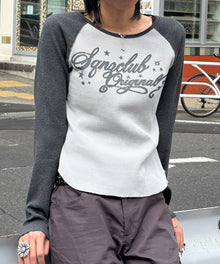 sqnz angel thermal / ロンT クルーネック ラグラン サーマル ワッフル 長袖 プリント ブラック