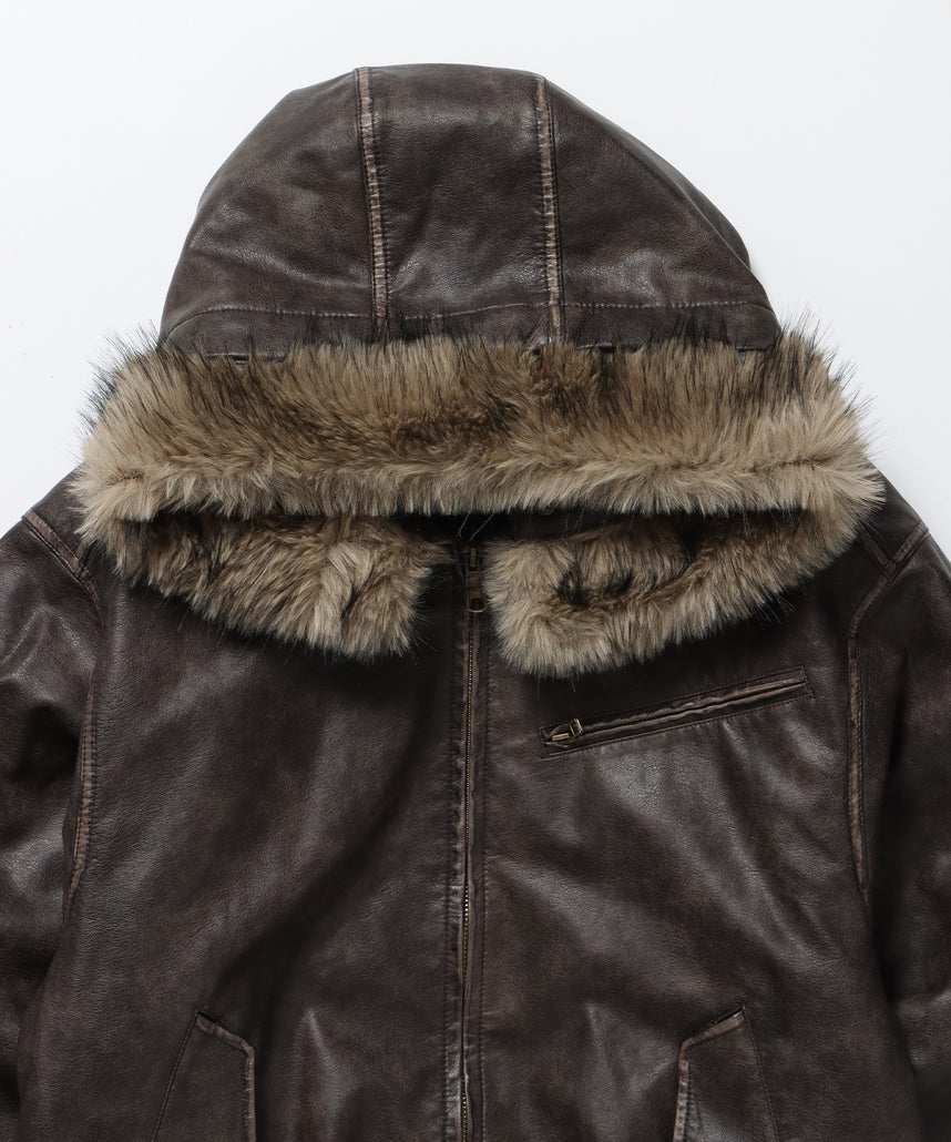 FUR PU HOODIE JKT / フェイクレザー ジャケット ファー 中綿 ダブルジップ フーディ ブラウン