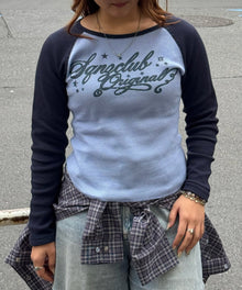 sqnz angel thermal / ロンT クルーネック ラグラン サーマル ワッフル 長袖 プリント ネイビー